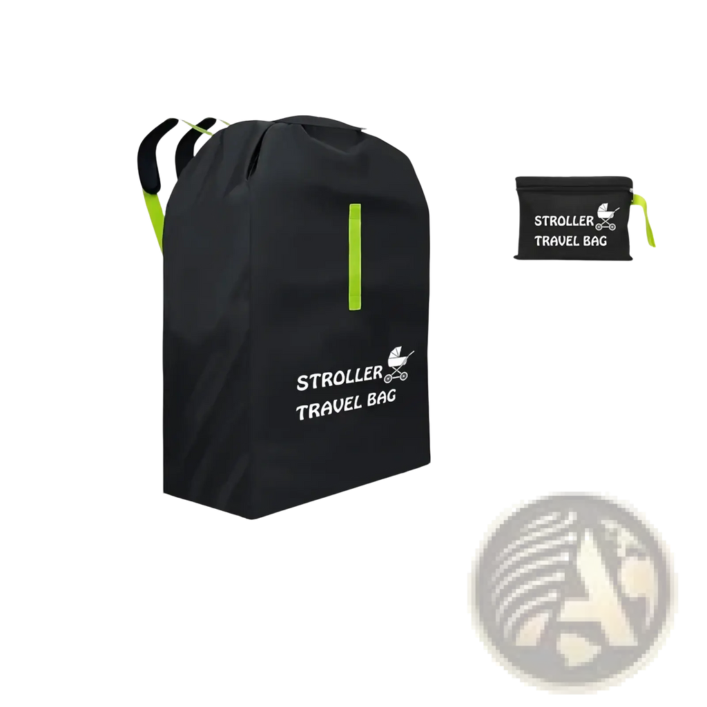 Black stroller travel bag with neon green accents and drawstring closure for universal pram dust cover organizer