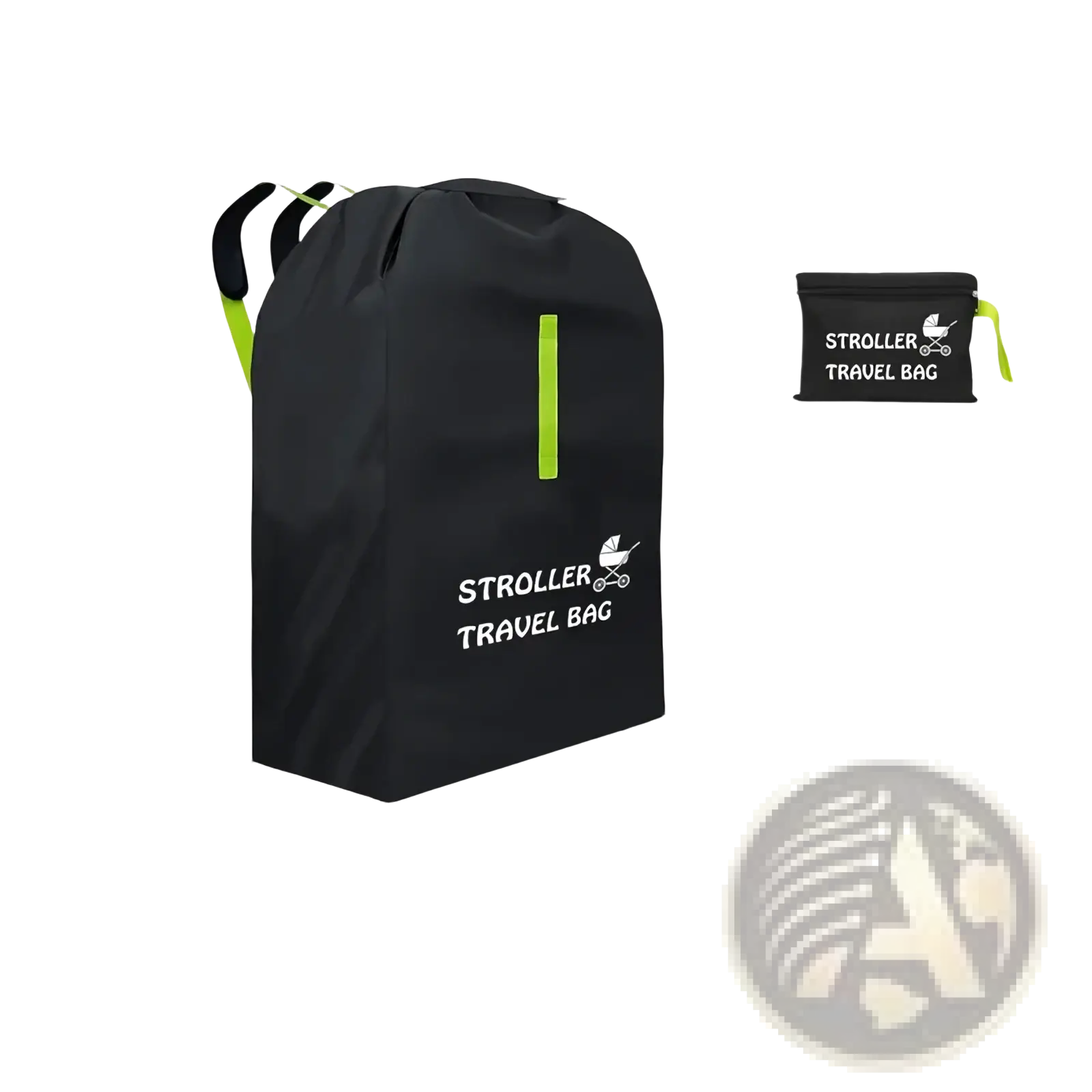 Black stroller travel bag with neon green accents and drawstring closure for universal pram dust cover organizer