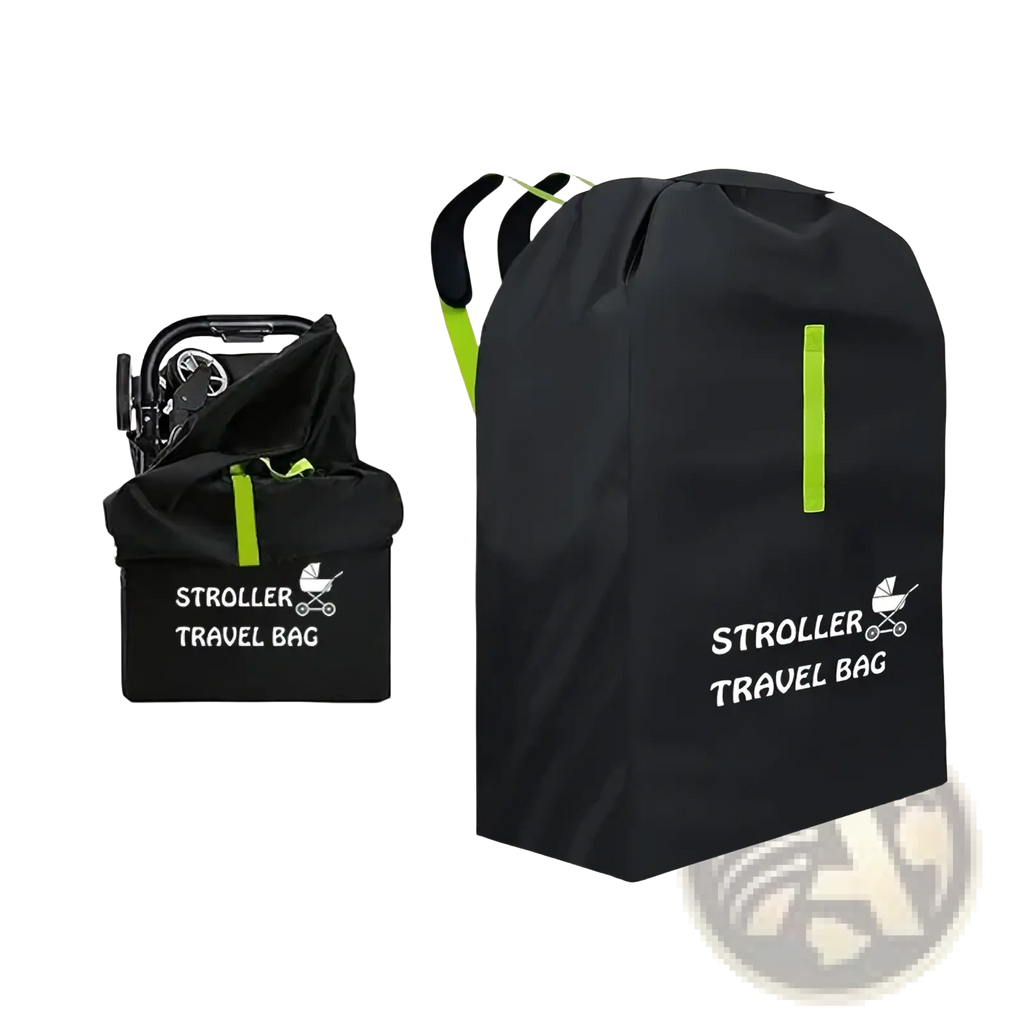 Black stroller travel bag with neon green accents and white logo designed as a universal pram dust cover organizer