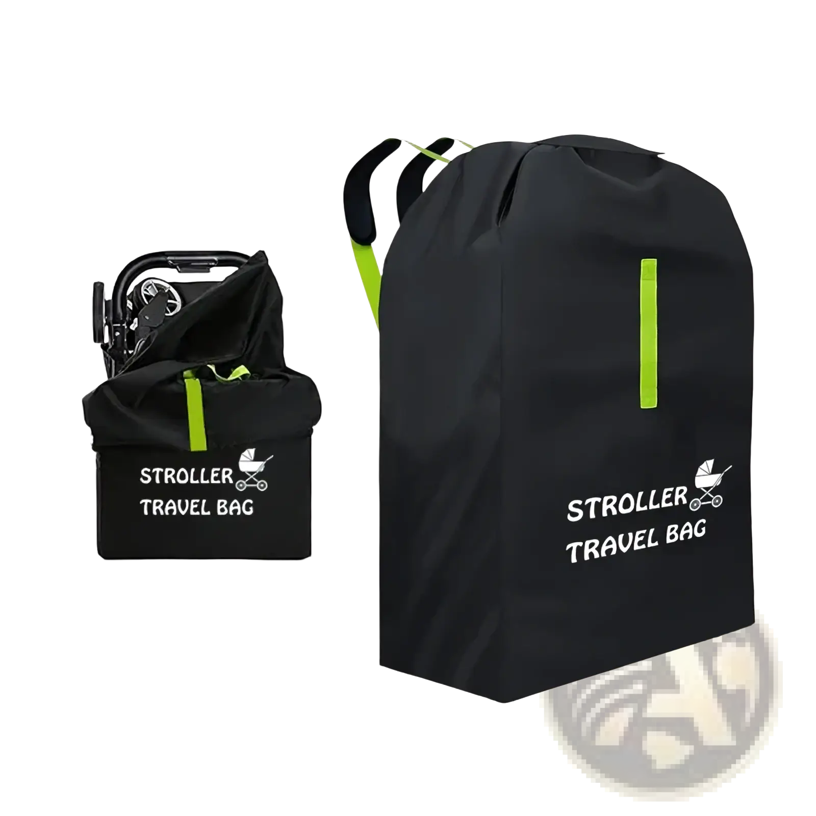 Black stroller travel bag with neon green accents and white logo designed as a universal pram dust cover organizer