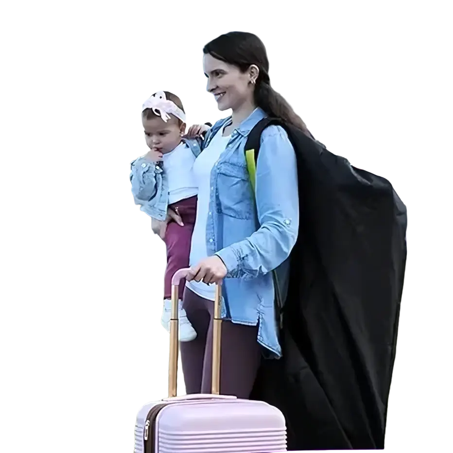 Pink striped hard-shell stroller travel bag with gold handle universal pram dust cover organizer shown from front