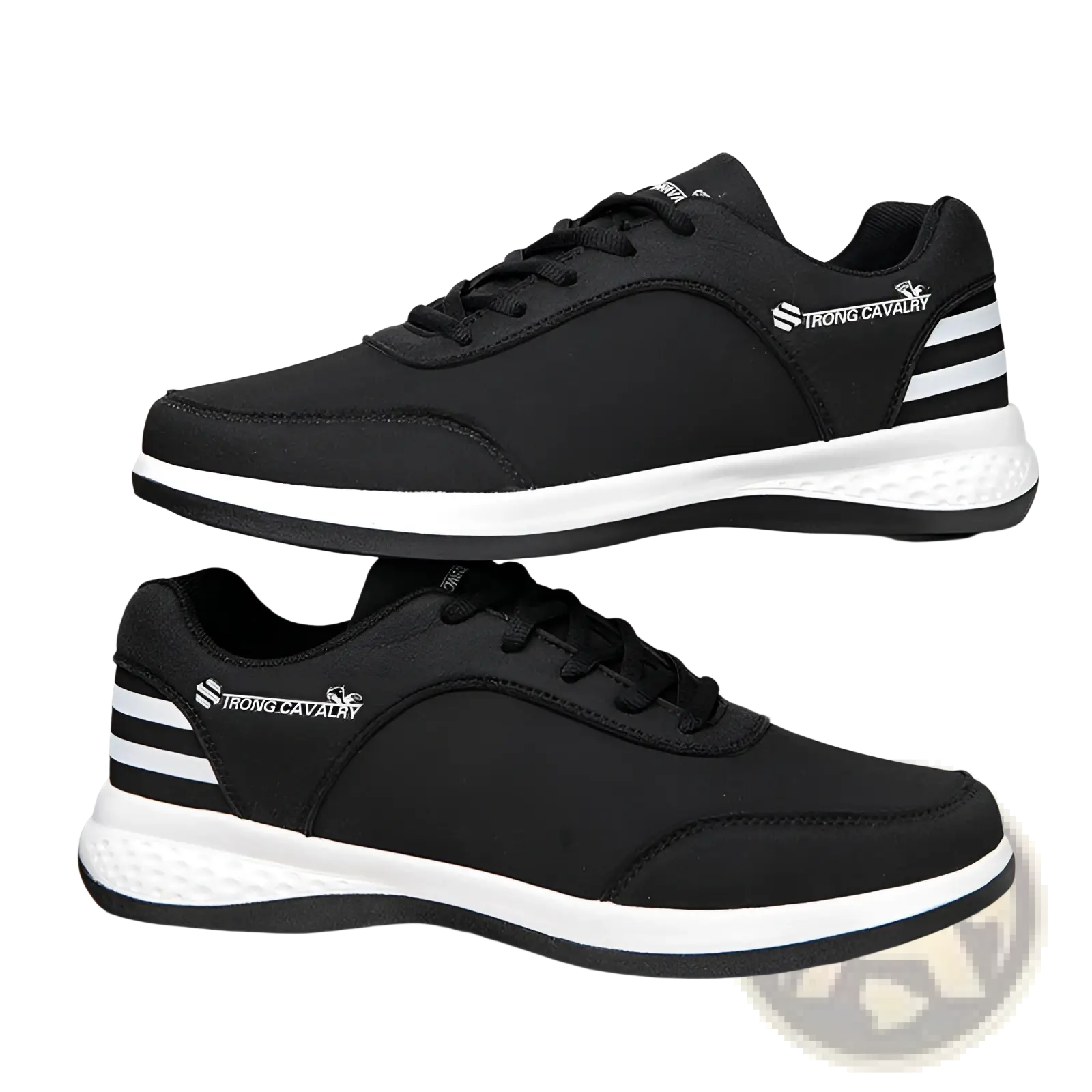 Black canvas strong cavalry breathable mesh casual athletic sneakers with white soles and three stripes on the side