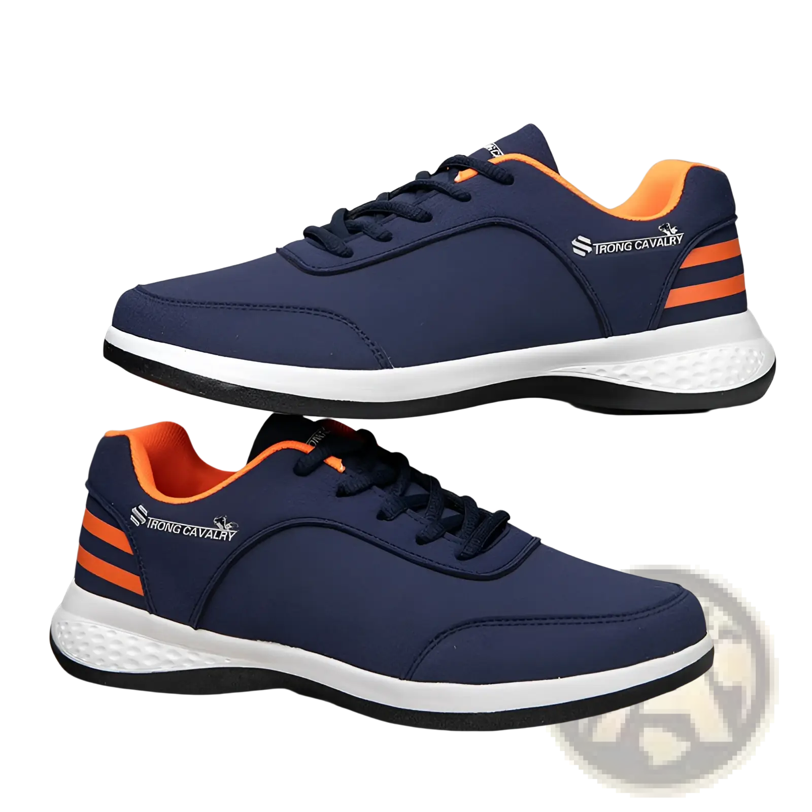 Strong cavalry breathable mesh casual athletic sneakers in navy blue and orange with canvas upper and white soles