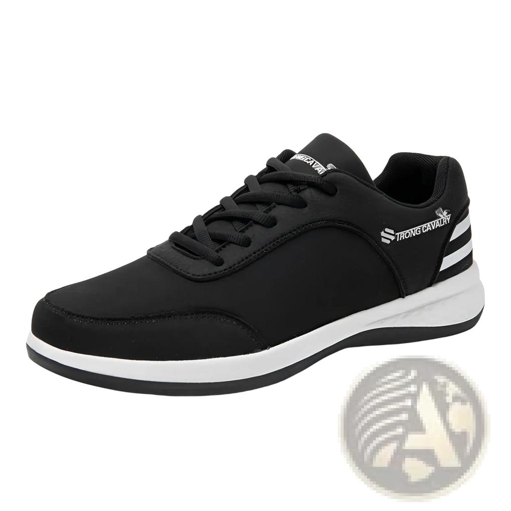 Black strong cavalry breathable mesh casual athletic sneaker with white accents and textured upper