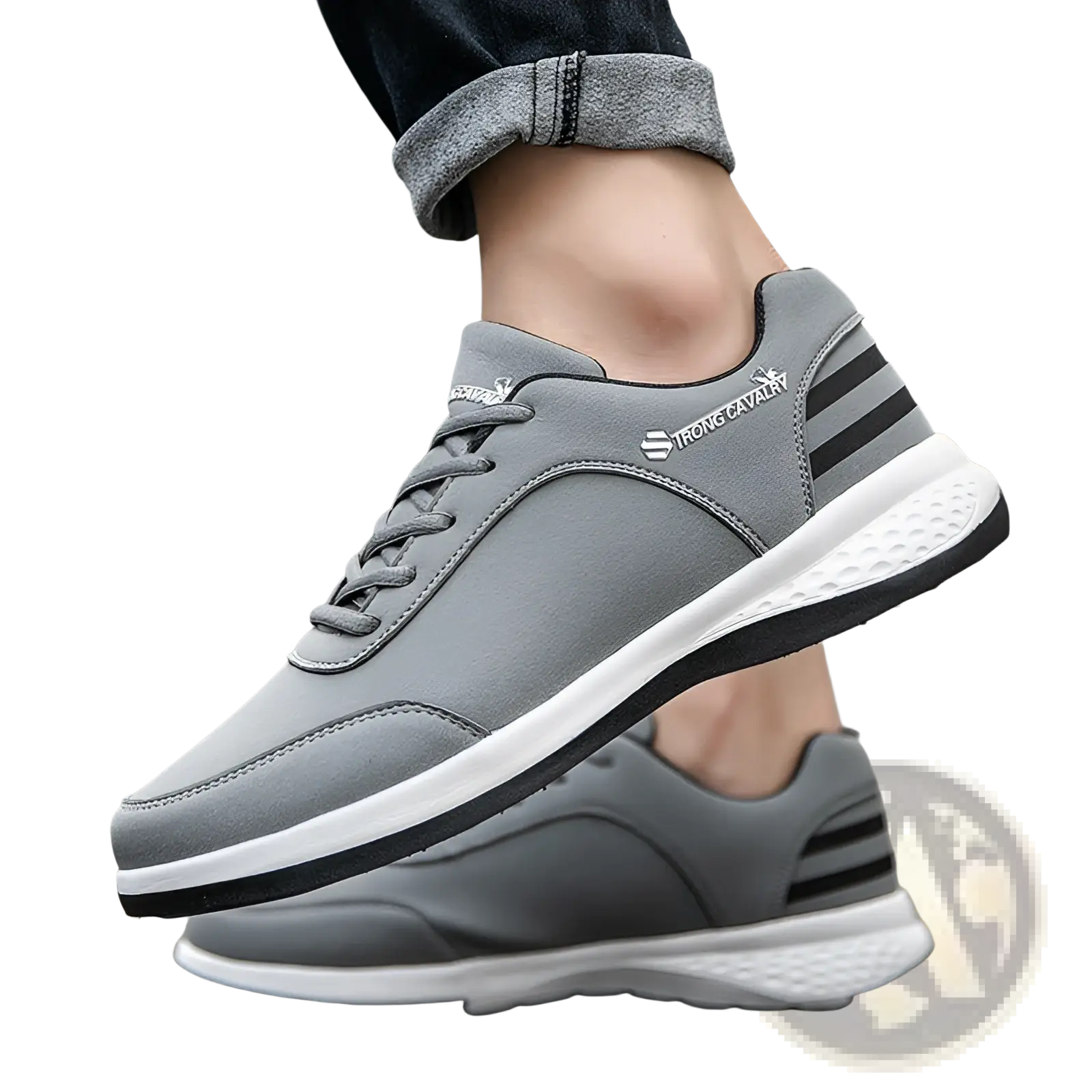 Strong cavalry breathable mesh casual athletic sneaker gray suede synthetic with black stripes and white midsole