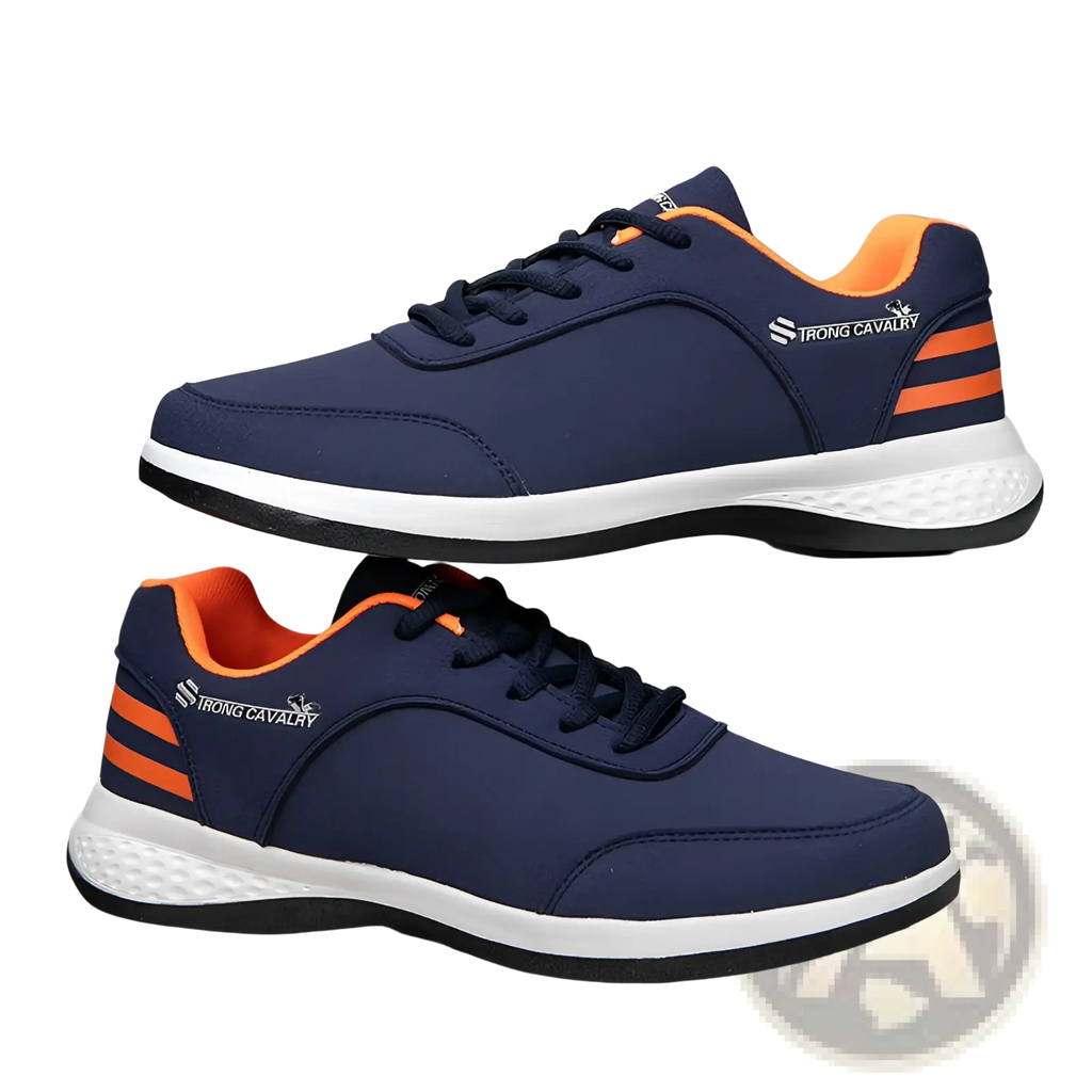 Strong Cavalry breathable mesh casual athletic sneakers in navy blue and orange canvas with white soles and bold stripes