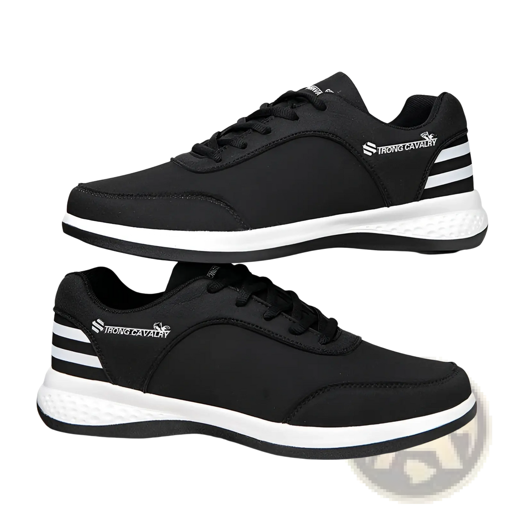 Black canvas strong cavalry breathable mesh casual athletic sneakers with white soles and three side stripes