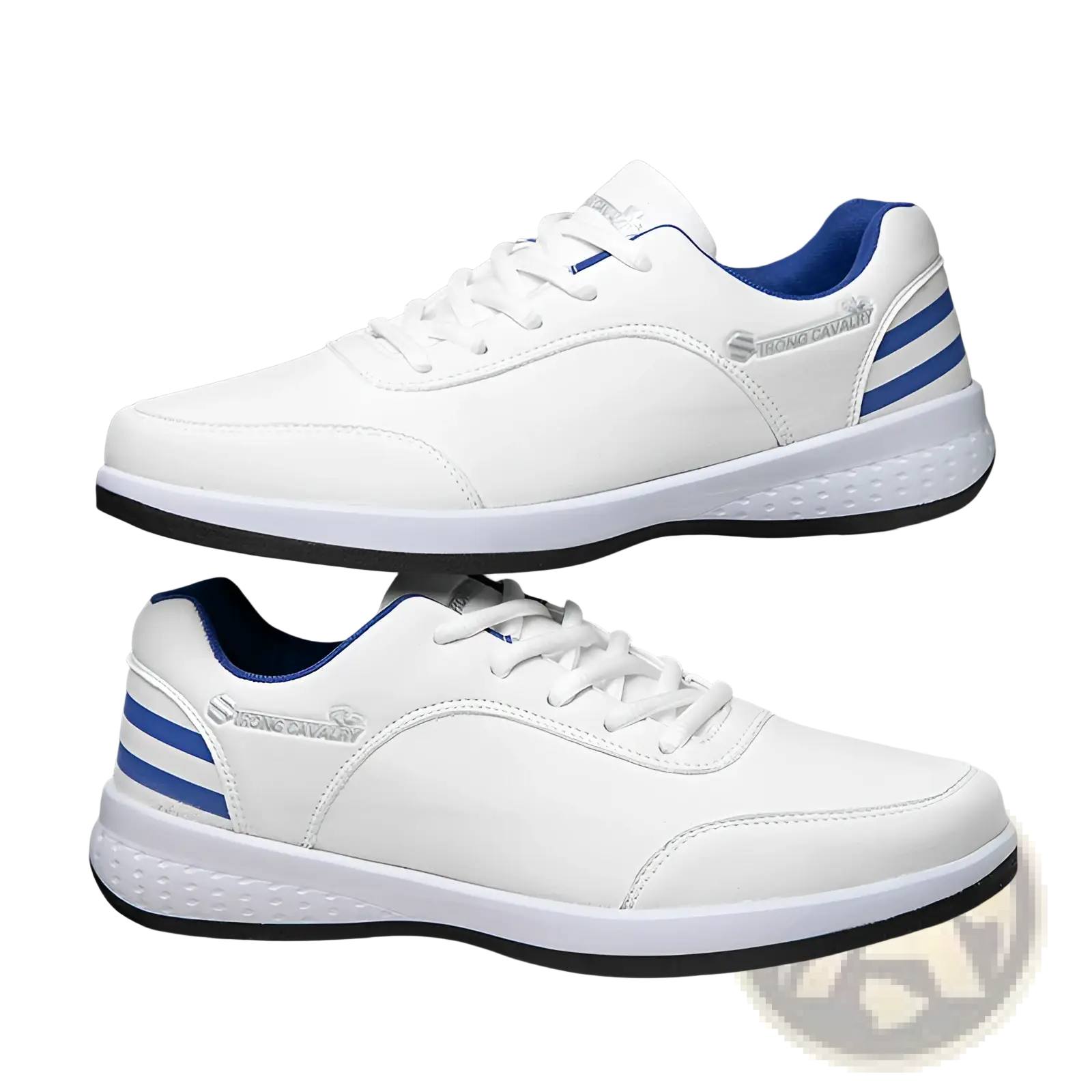 Strong cavalry breathable mesh casual athletic sneakers in white leather with blue accents and textured rubber sole