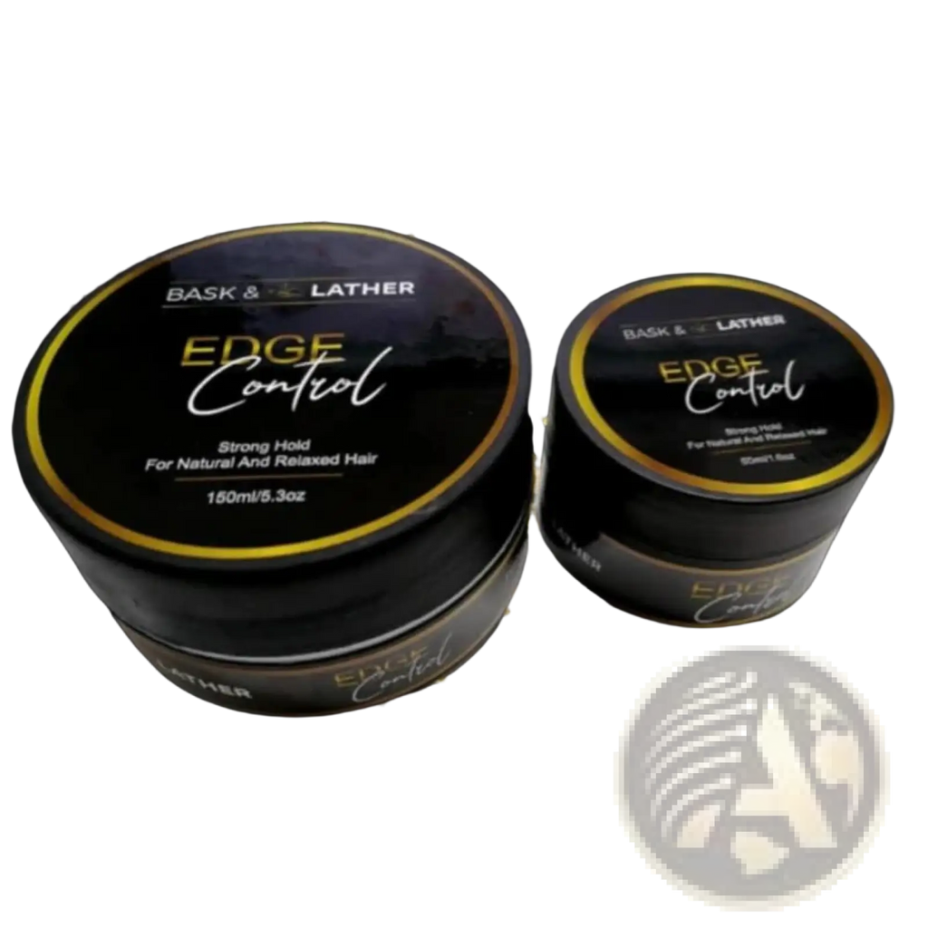 Black cylindrical containers of Bask and Lather strong hold edge control hair styling wax with gold trimmed labels 150ml