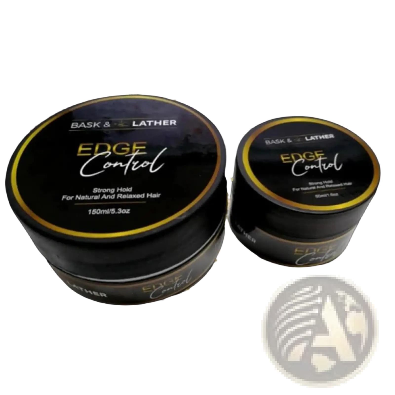 Black cylindrical containers of Bask and Lather strong hold edge control hair styling wax with gold trimmed labels 150ml