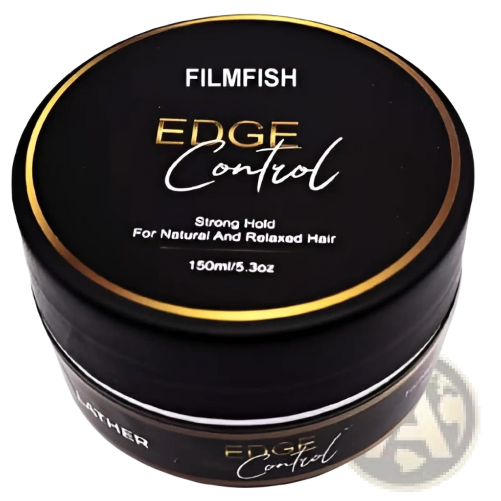 Black cylindrical container with gold trim labeled filmfish edge control strong hold edge control styling hair wax 150ml