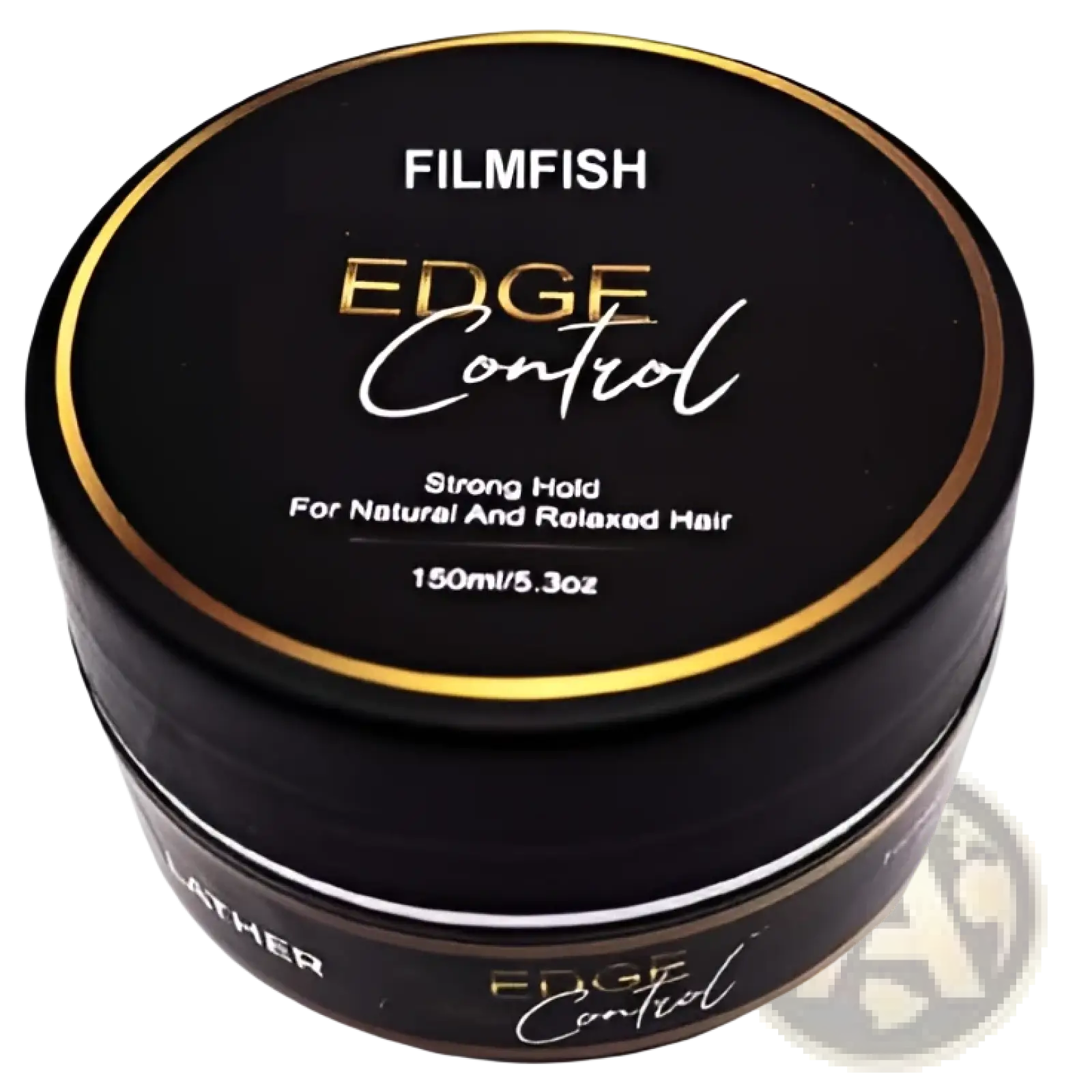 Black cylindrical container with gold trim labeled filmfish edge control strong hold edge control styling hair wax 150ml