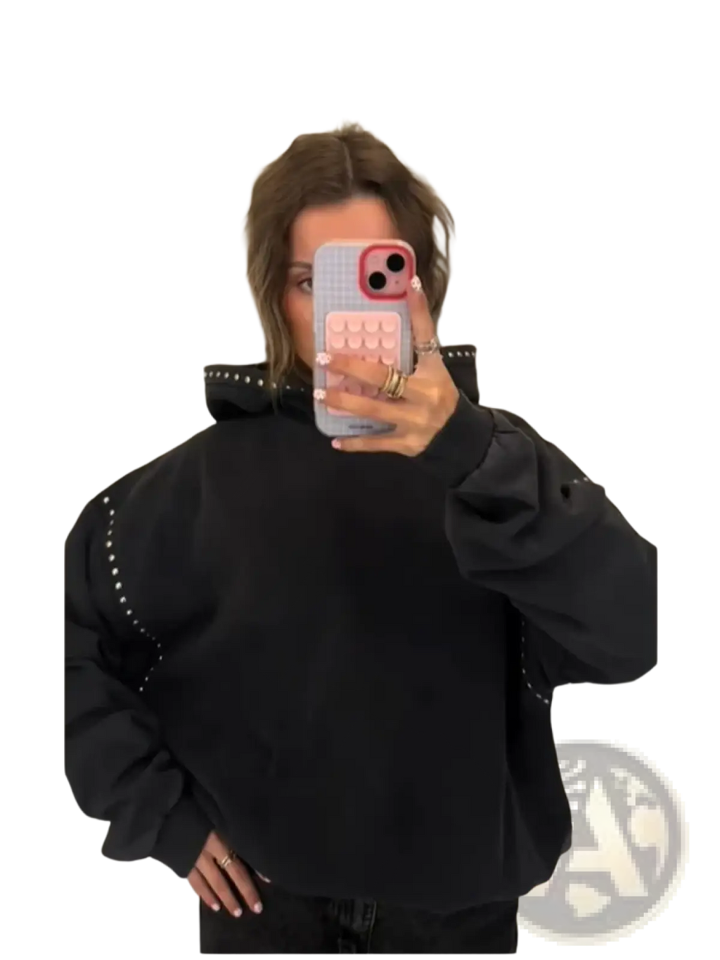 Light blue phone case with pink pop socket and red camera ring shown with a studded black hoodie loose casual women sweatshirt