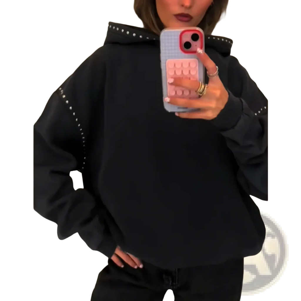 Black hoodie with silver studs along the hood and sleeves loose casual women sweatshirt for everyday wear