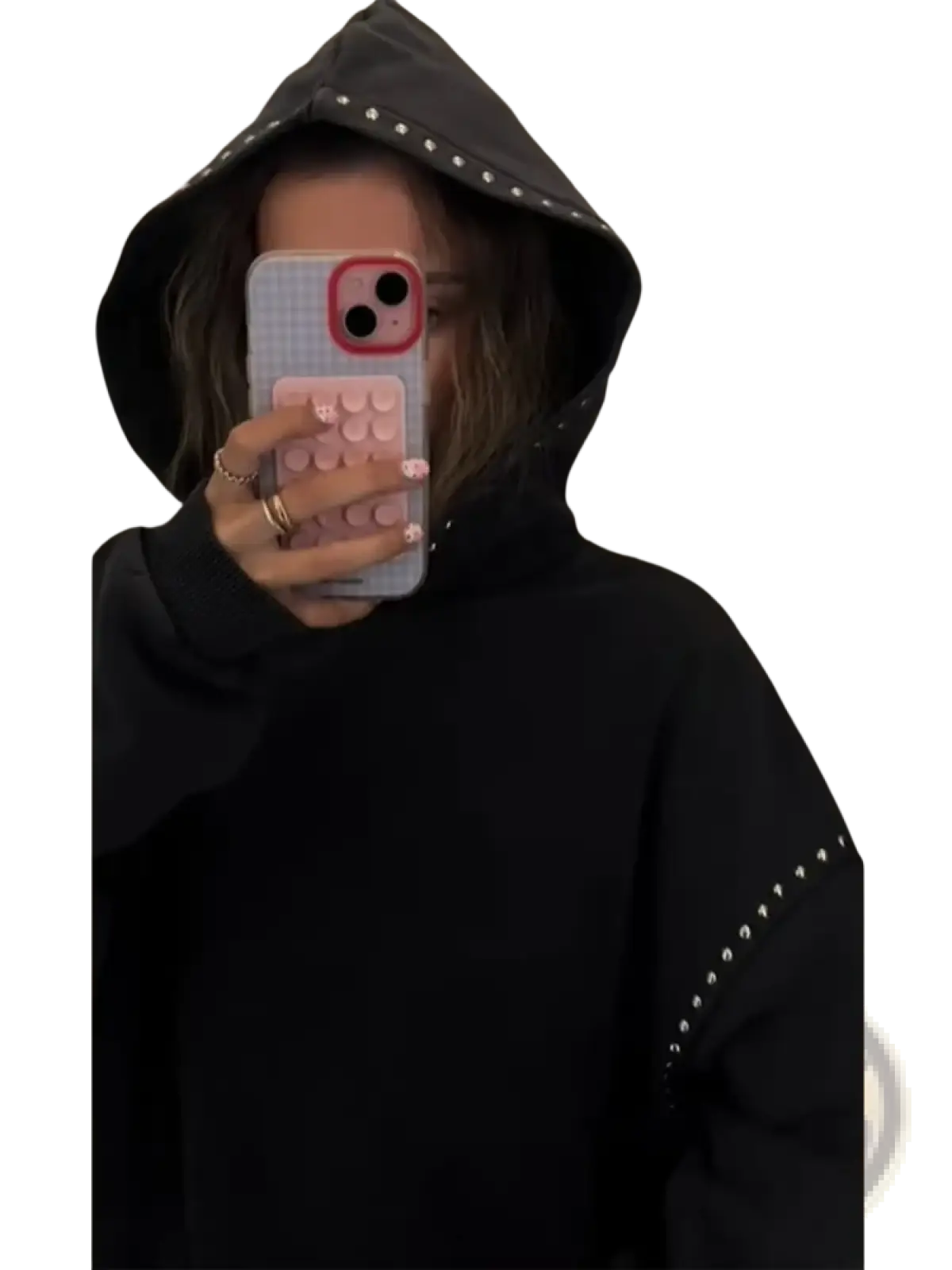 Black hoodie with silver studs along the hood and sleeve cuffs loose casual women sweatshirt ideal for everyday wear