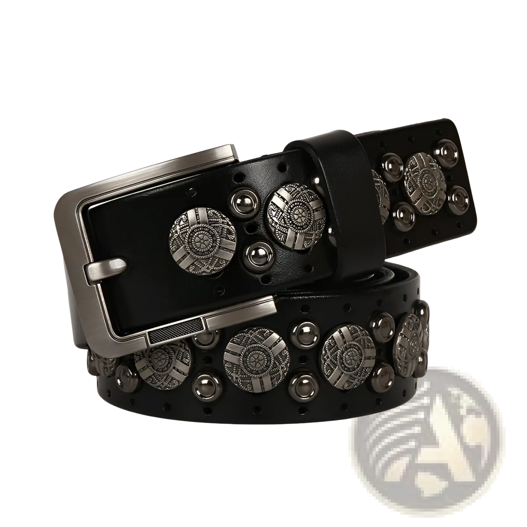 Studded leather belt unisex cowhide waistband in black with silver-toned circular metal studs and rectangular buckle