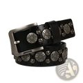 Studded leather belt unisex cowhide waistband in black with silver-toned circular metal studs and rectangular buckle