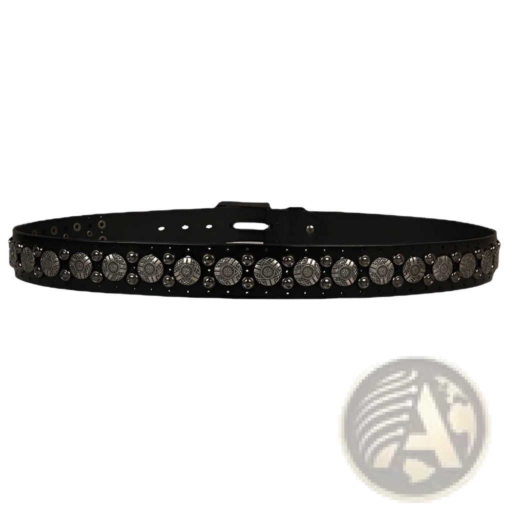 Black leather studded belt unisex cowhide waistband with silver-toned circular metal studs and smaller metallic accents