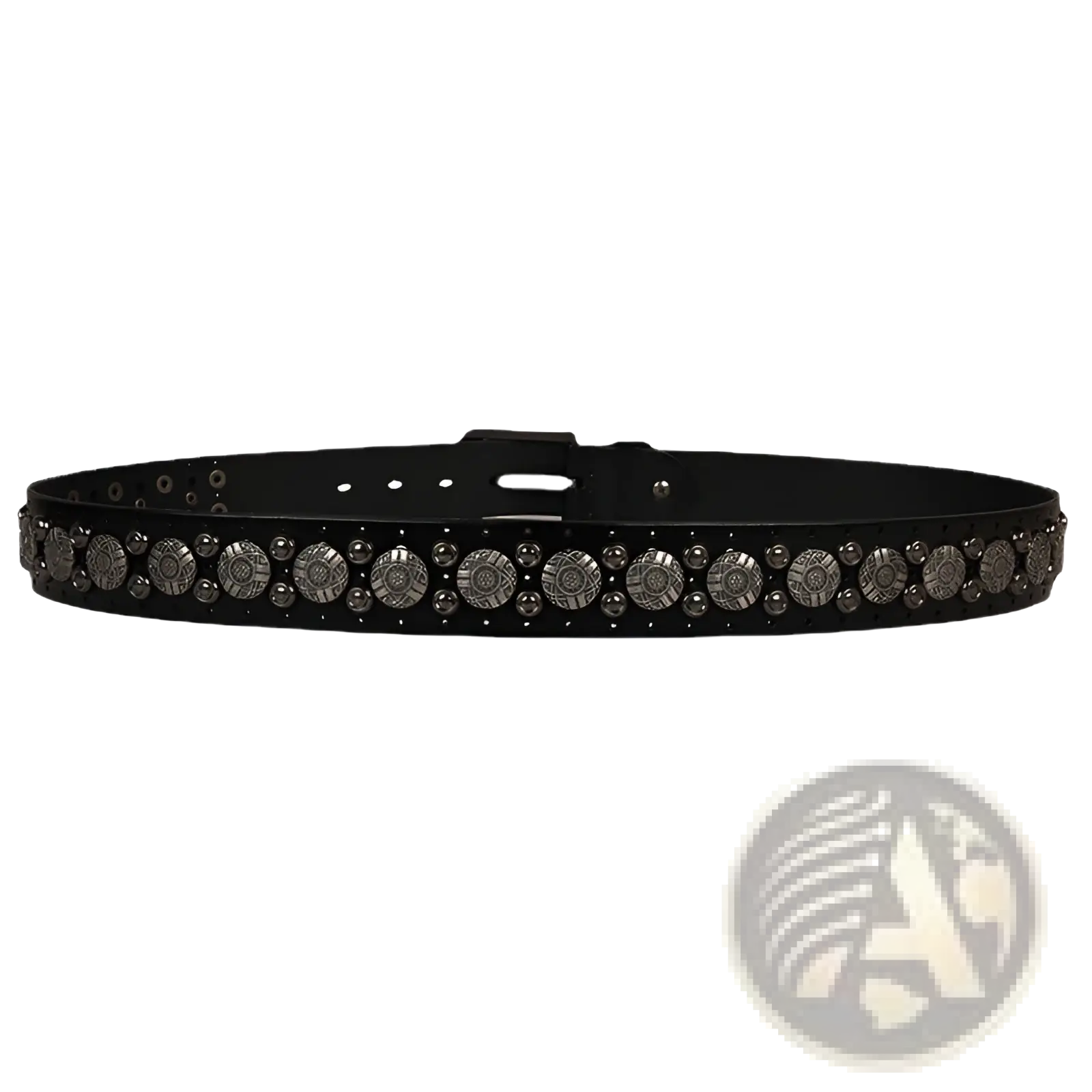 Black leather studded belt unisex cowhide waistband with silver-toned circular metal studs and smaller metallic accents