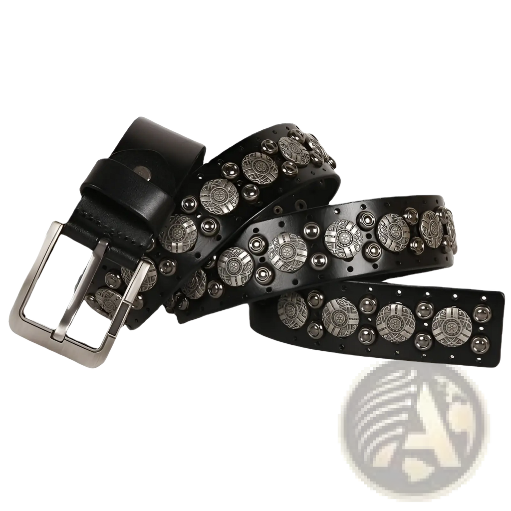 Studded leather belt unisex black cowhide waistband with silver-toned circular metal studs and decorative plates