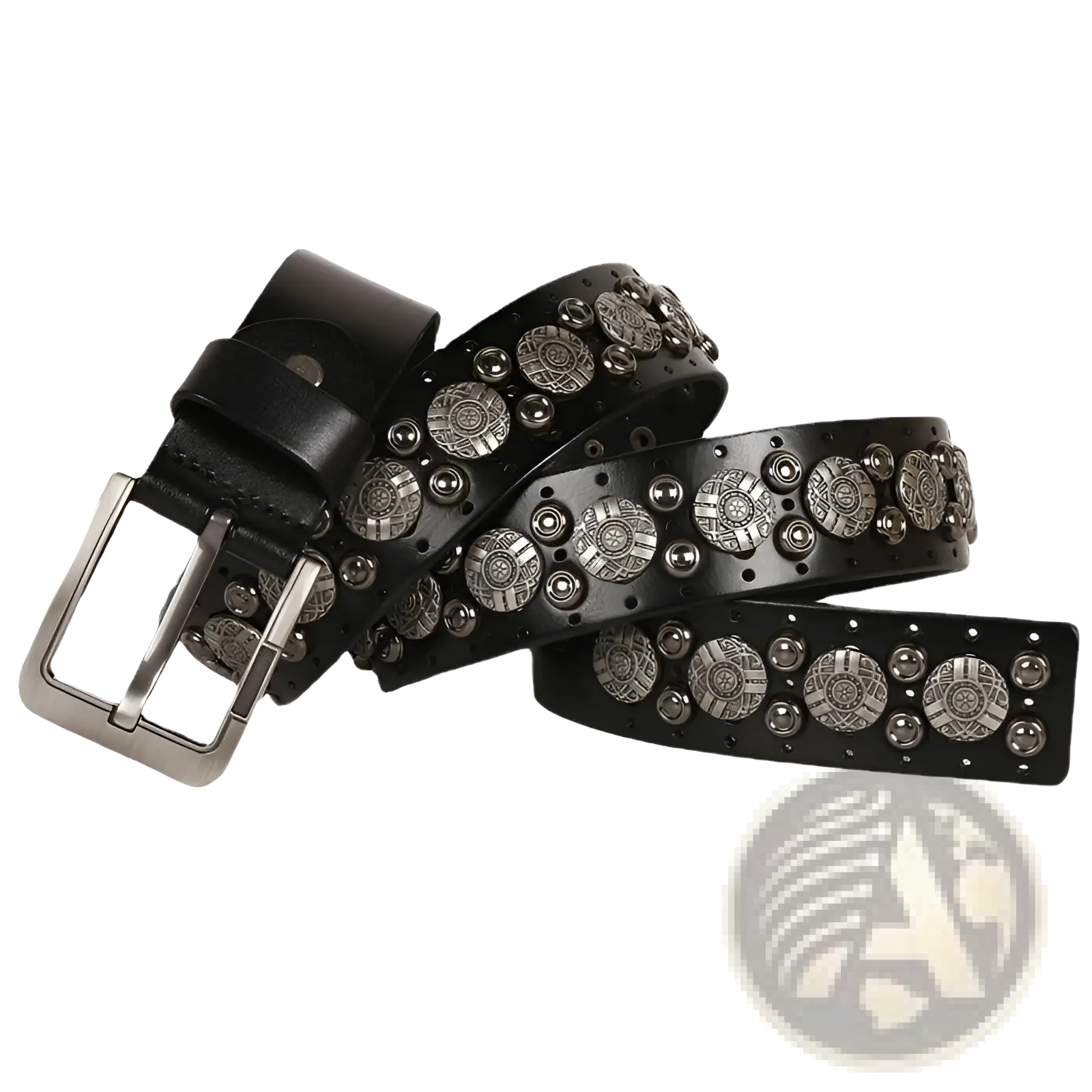 Studded leather belt unisex black cowhide waistband with silver-toned circular metal studs and decorative plates