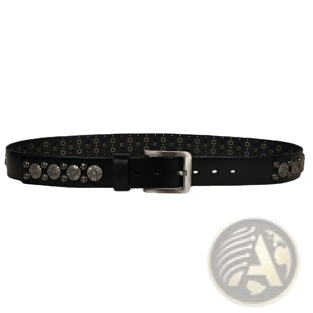 Black leather studded belt with silver circular studs and a matching buckle unisex cowhide waistband accessory