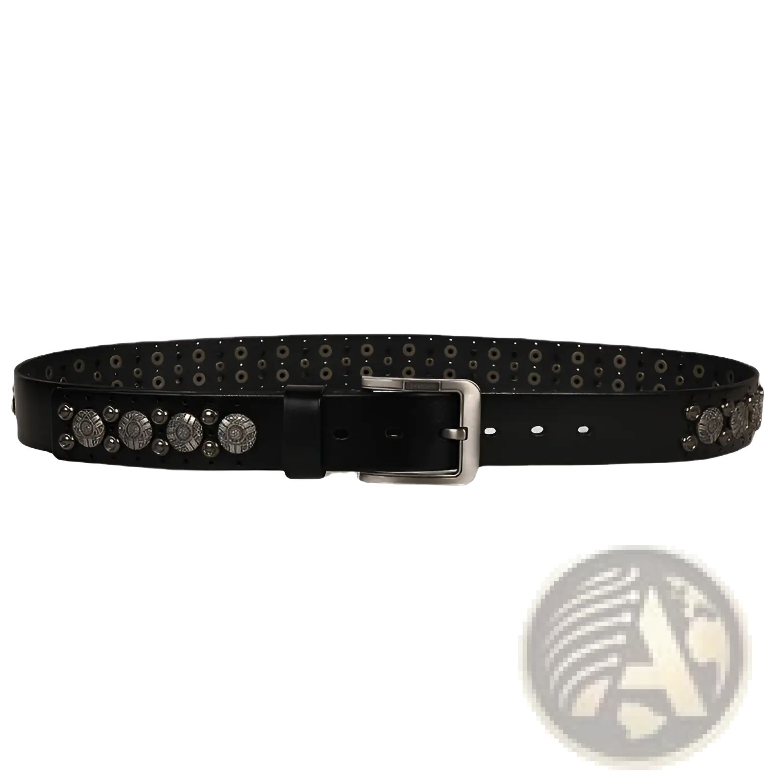 Black leather studded belt with silver circular studs and a matching buckle unisex cowhide waistband accessory