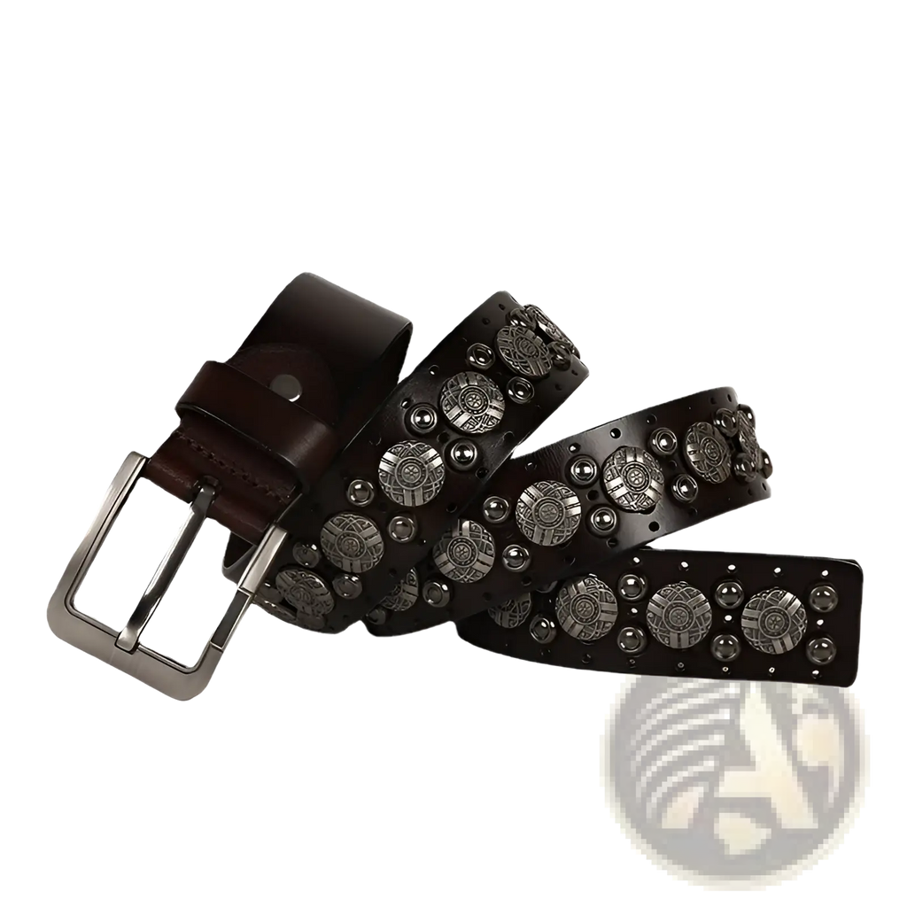 Studded leather belt unisex cowhide waistband in dark brown with silver-toned circular studs and metallic accents