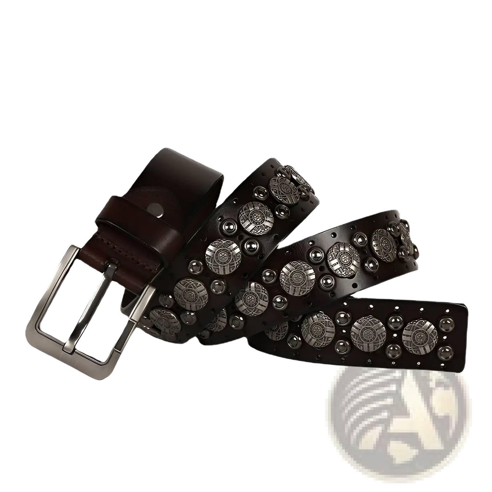 Studded leather belt unisex cowhide waistband in dark brown with silver-toned circular studs and metallic accents