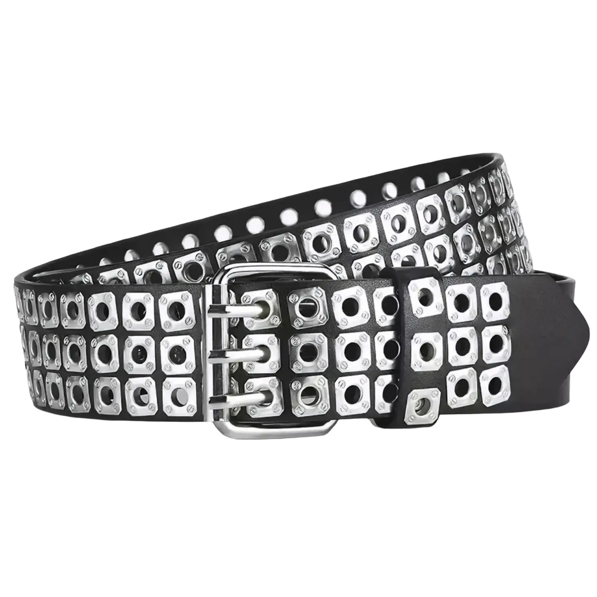 Black leather studded leather punk belt with silver-toned square studs and a triple-prong buckle