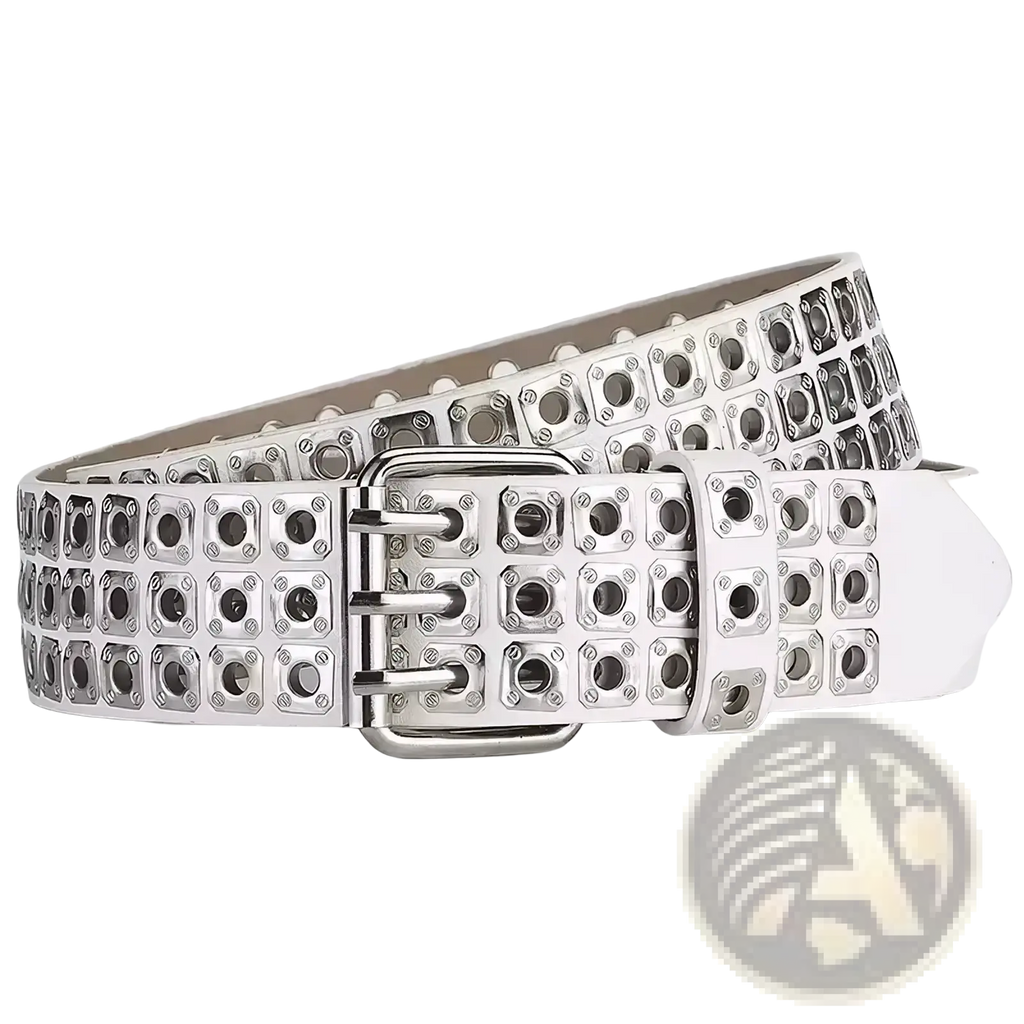White leather studded leather punk belt with silver metal studs and a distinctive triple-prong buckle