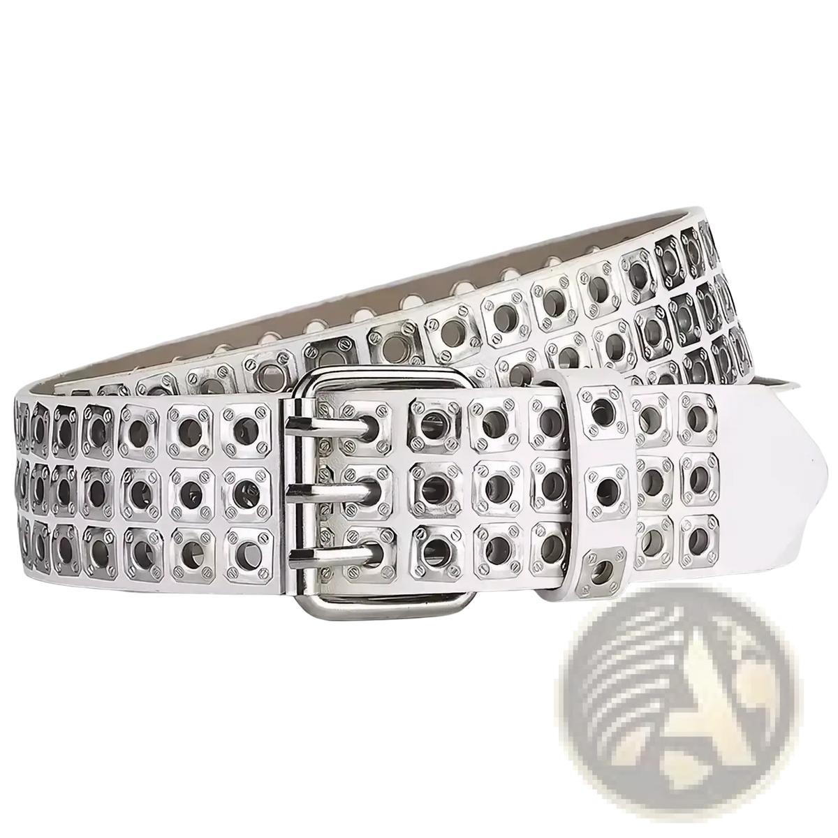 White leather studded leather punk belt with silver metal studs and a distinctive triple-prong buckle