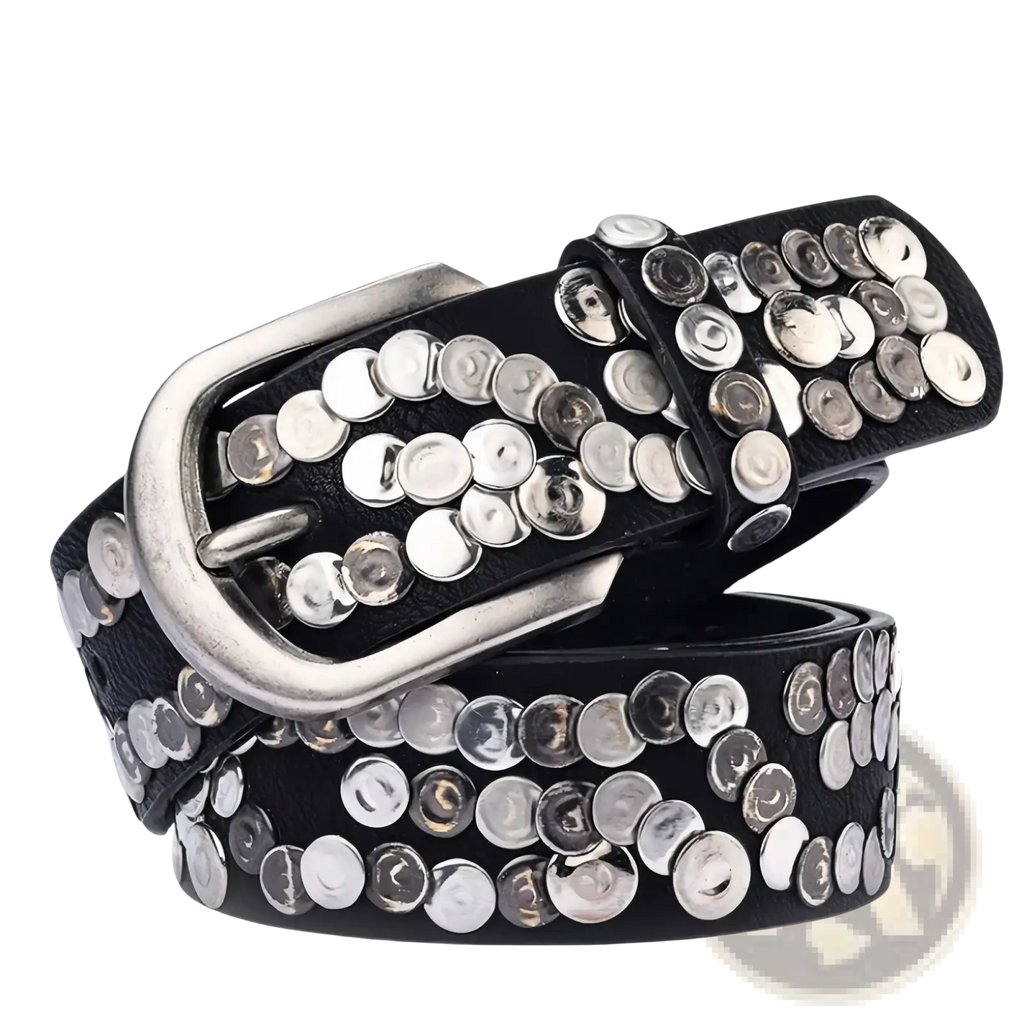 Black leather studded punk belt for women featuring numerous silver-toned circular studs and a metallic buckle