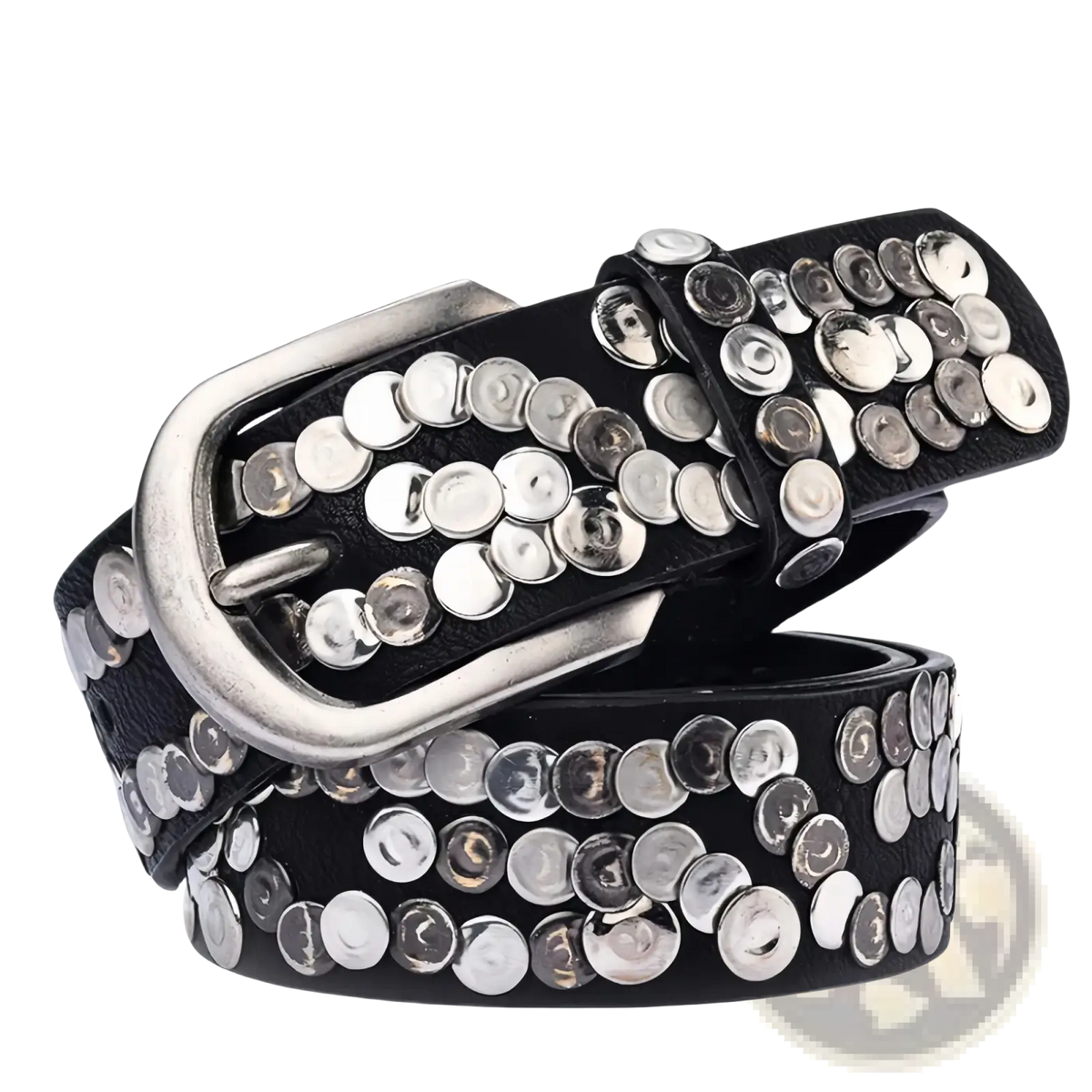 Black leather studded punk belt for women featuring numerous silver-toned circular studs and a metallic buckle