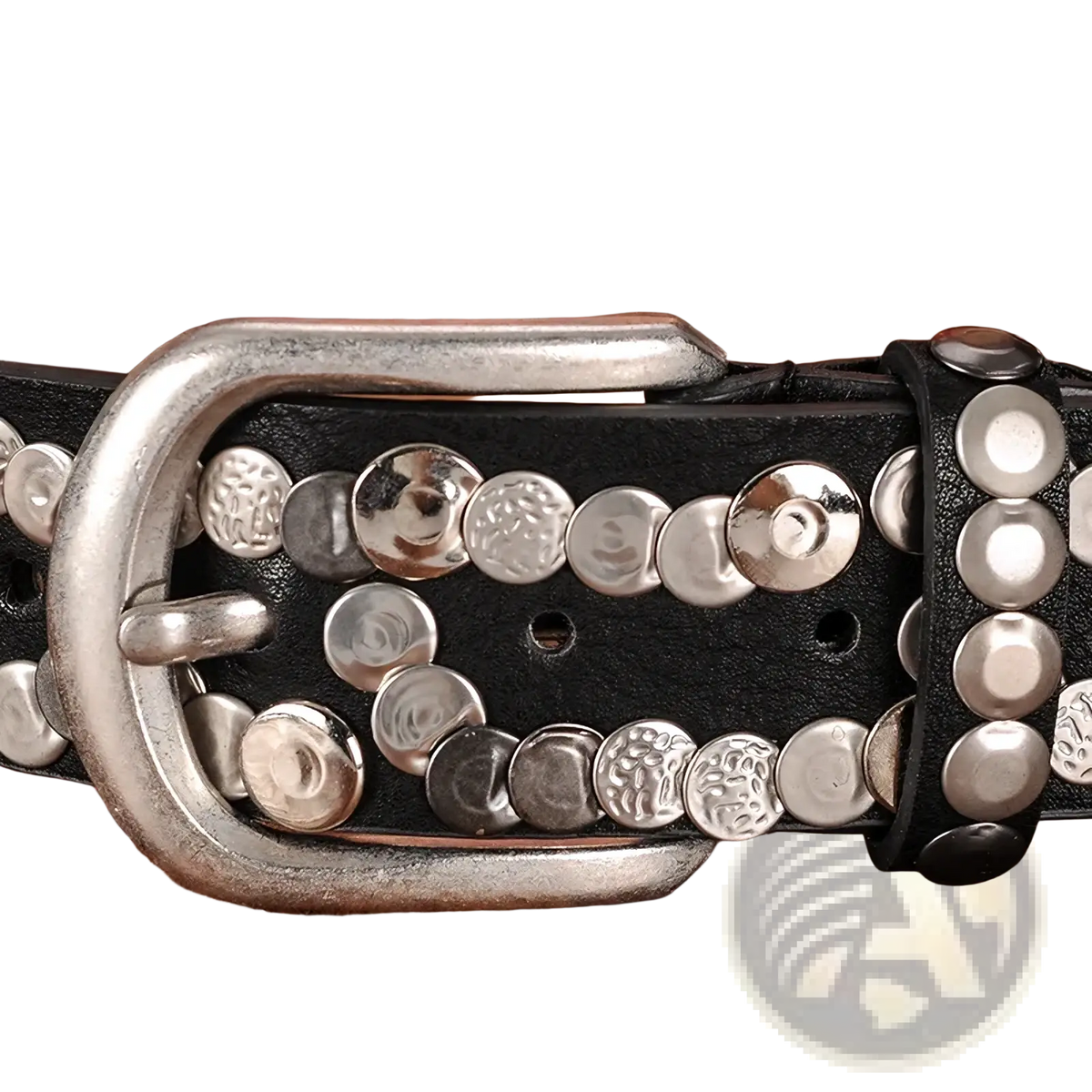 Black leather studded punk belt for women with silver-toned studs and a matching metallic buckle