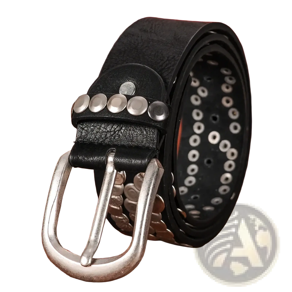 Black leather studded punk belt for women with silver-toned studs and matching buckle