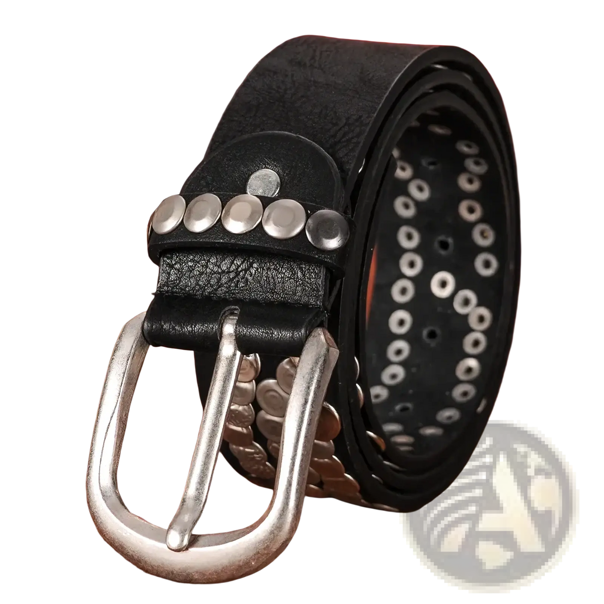 Black leather studded punk belt for women with silver-toned studs and matching buckle