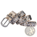 Studded leather punk belt for women in metallic gold with silver-toned circular studs and matching metal buckle