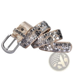 Studded leather punk belt for women in metallic gold with silver-toned circular studs and matching metal buckle