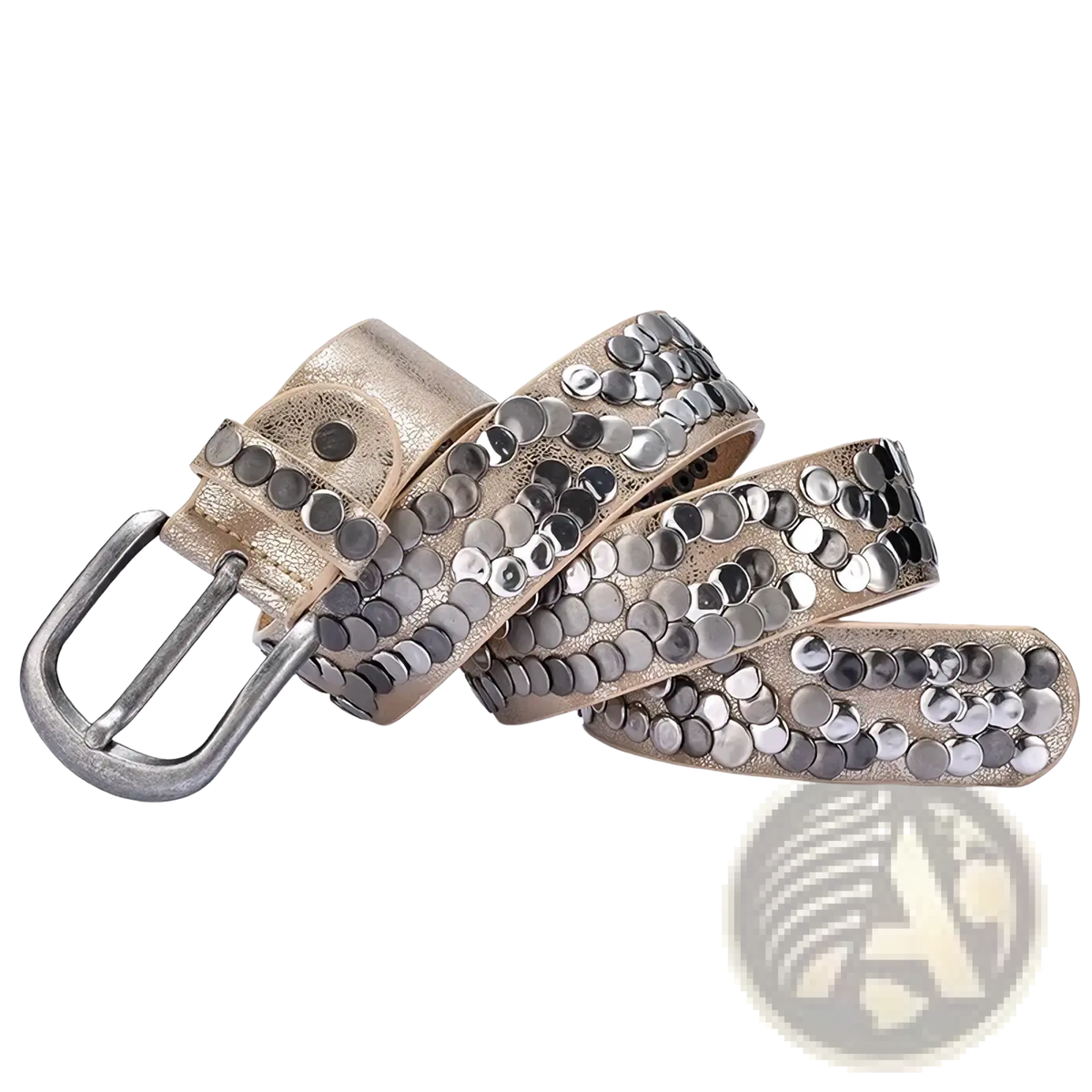 Studded leather punk belt for women in metallic gold with silver-toned circular studs and matching metal buckle