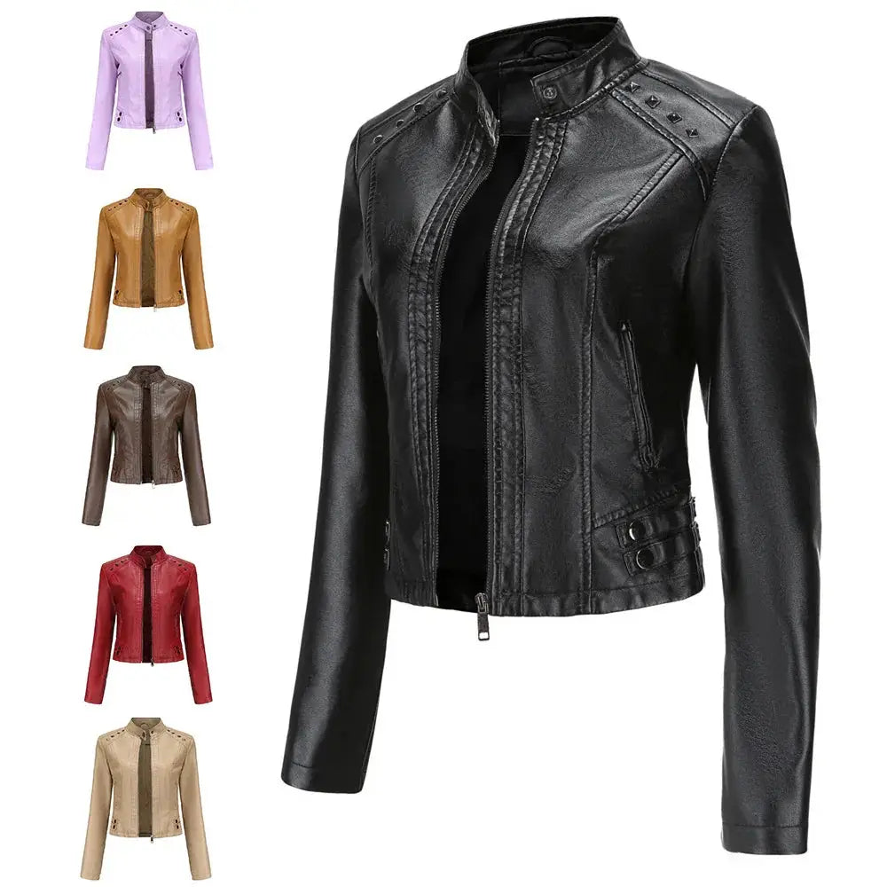 Black studded faux leather moto jacket with silver rivets snap buttons and zippered pockets visible on front side
