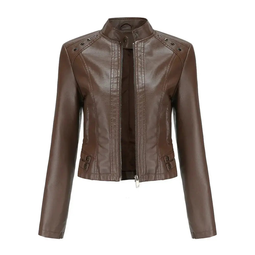 Brown faux leather moto jacket with studded shoulder accents and front zipper closure with silver rivets