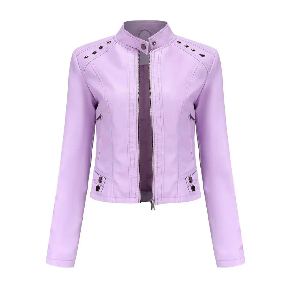 Lavender faux leather moto jacket with black studs along shoulders and front zipper in studded design with silver rivets