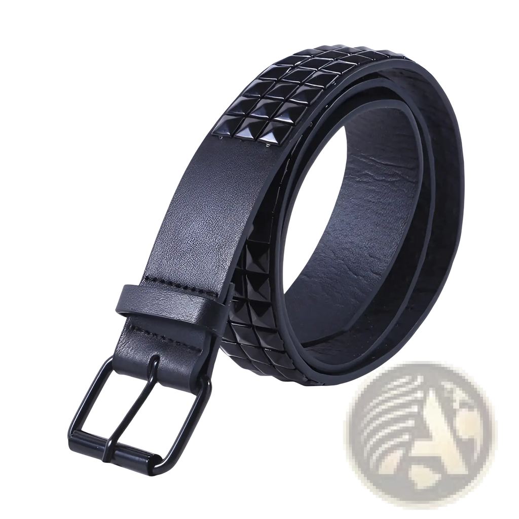 Black leather belt with shiny black pyramid studs along the edge and a matching metal buckle for stylish waistwear