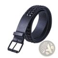 Black leather belt with shiny black pyramid studs along the edge and a matching metal buckle for stylish waistwear