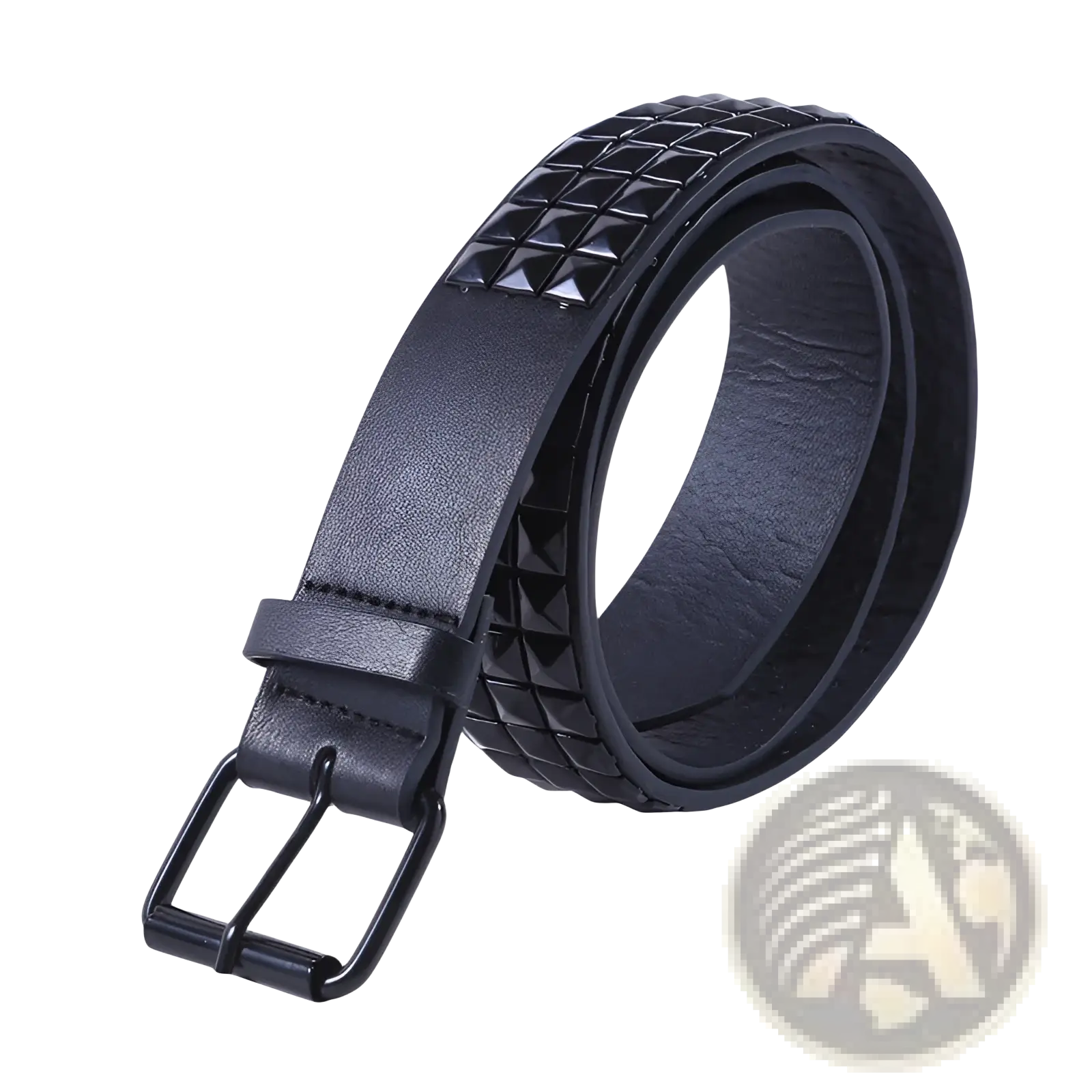 Black leather belt with shiny black pyramid studs along the edge and a matching metal buckle for stylish waistwear