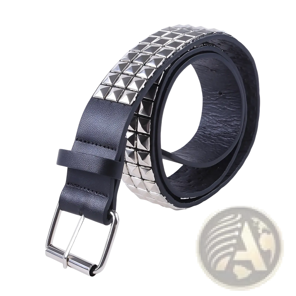 Black leather belt with silver pyramid studs and polished metal buckle studded pu leather belt pyramid rivet waistband