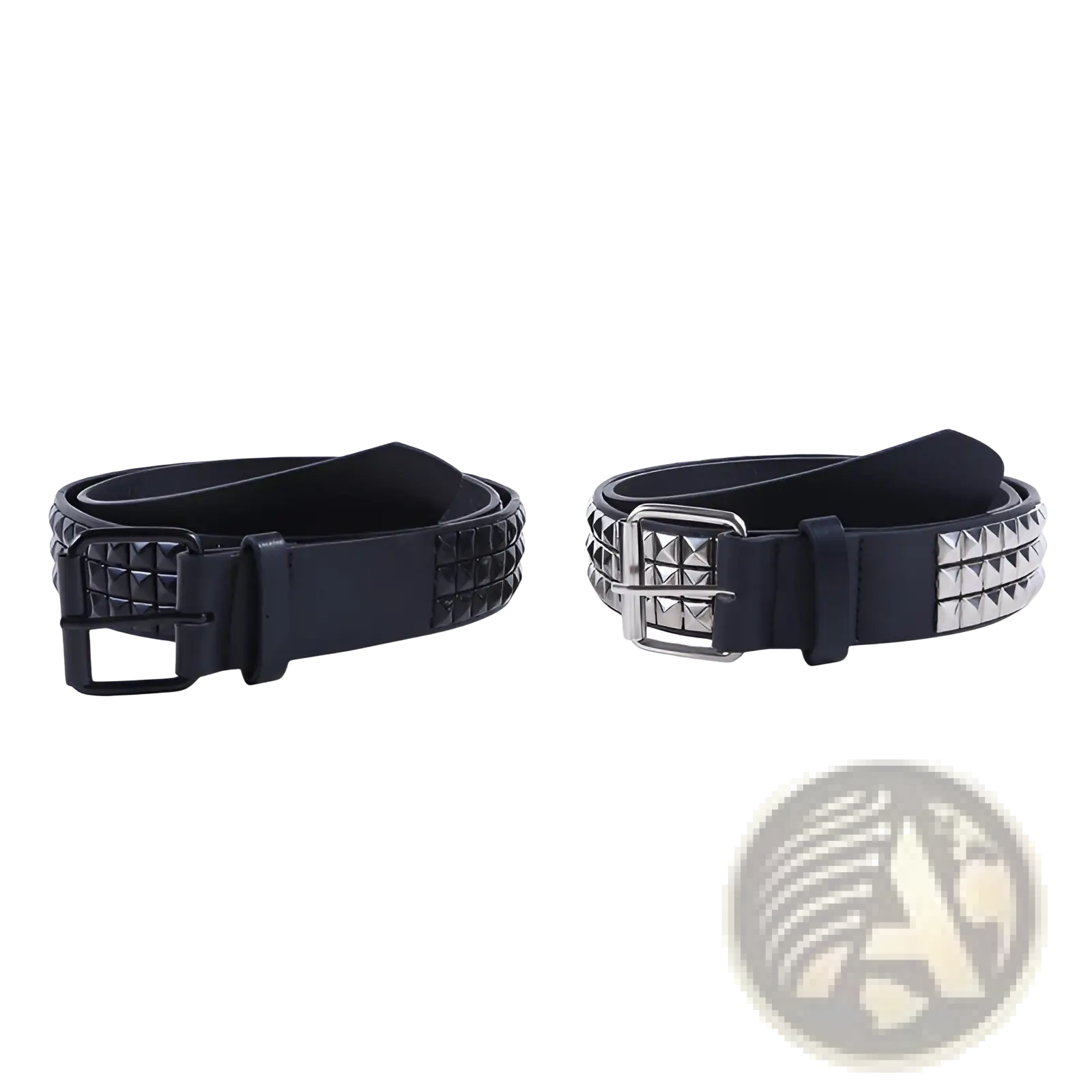 Black leather studded pu leather belt with metallic pyramid rivets and silver-toned buckle for waistband use