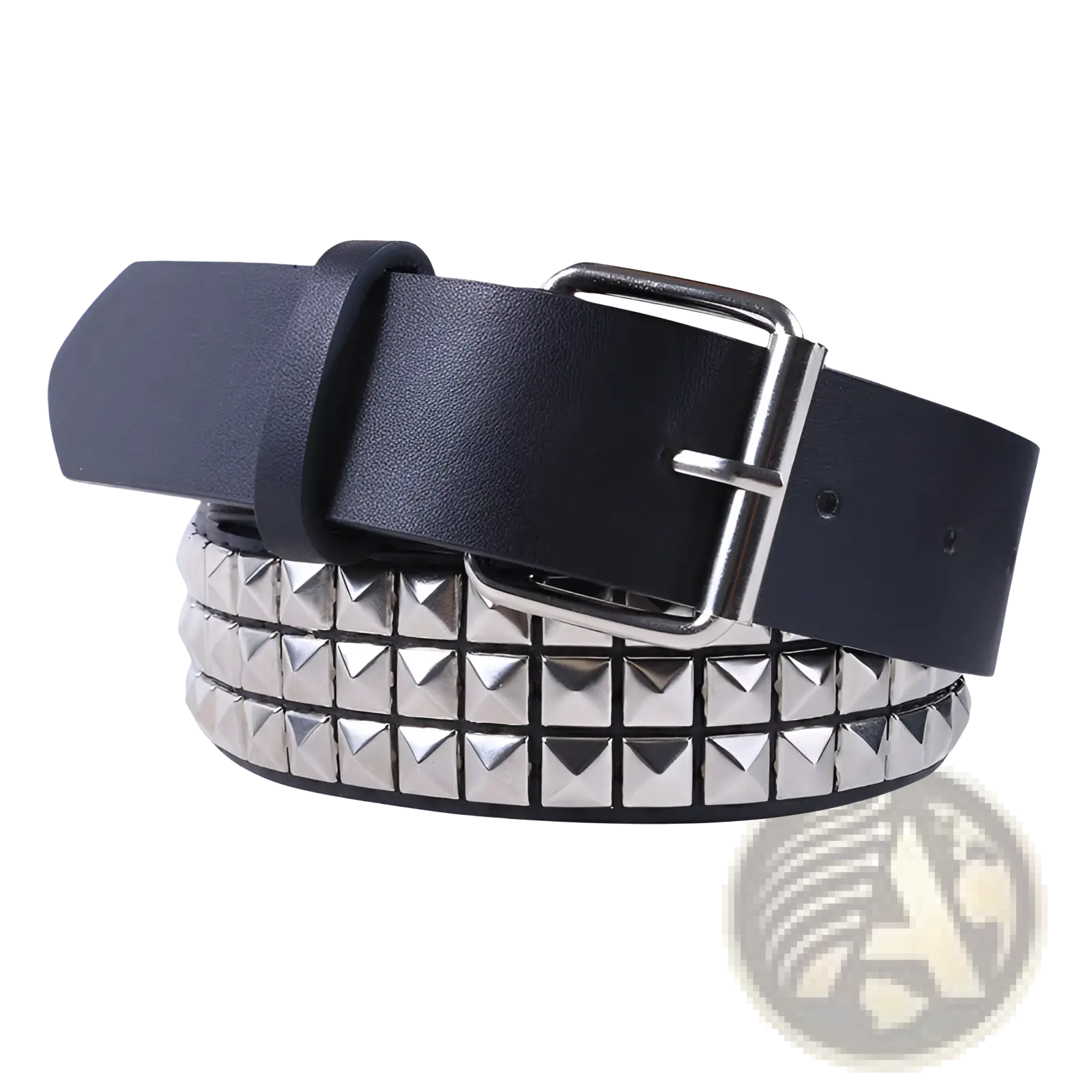 Black leather studded pu leather belt with silver-toned buckle and rows of metallic pyramid rivets