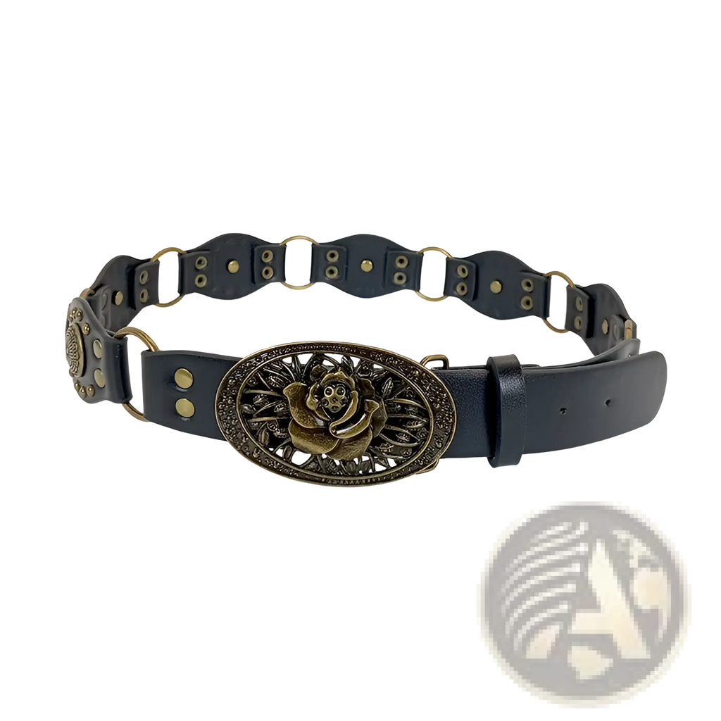 Black leather belt with a studded rose bronze-toned oval buckle showcasing intricate detailed design